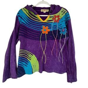 Agan Traders Patchwork Hoodie Floral Applique Boho Hippie Nepal Womens M